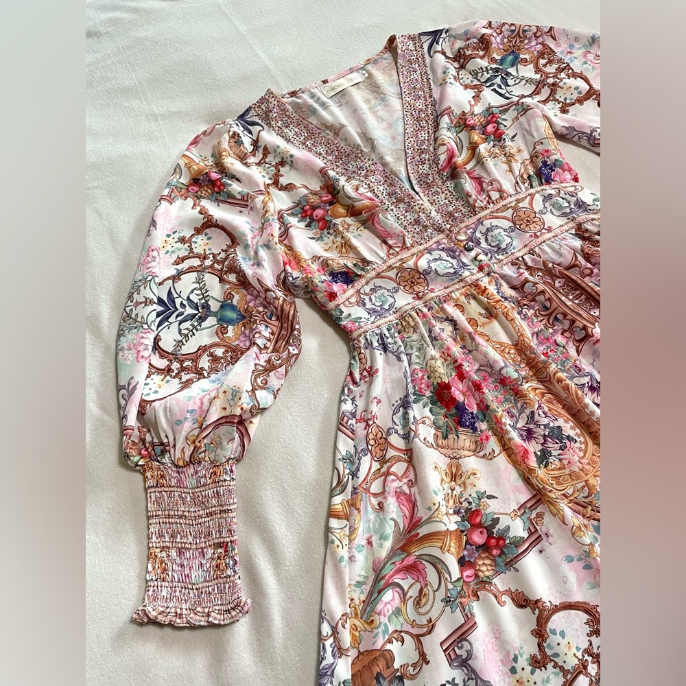 Boho Baroque Floral Maxi Dress Flowy Long Sleeve V Neck Scarf Print Cottagecore - Picture 8 of 15